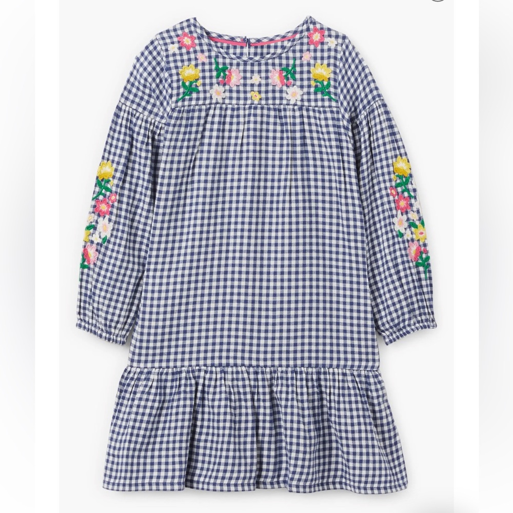 Mini Boden Embroidered Gingham Check Cotton Dress